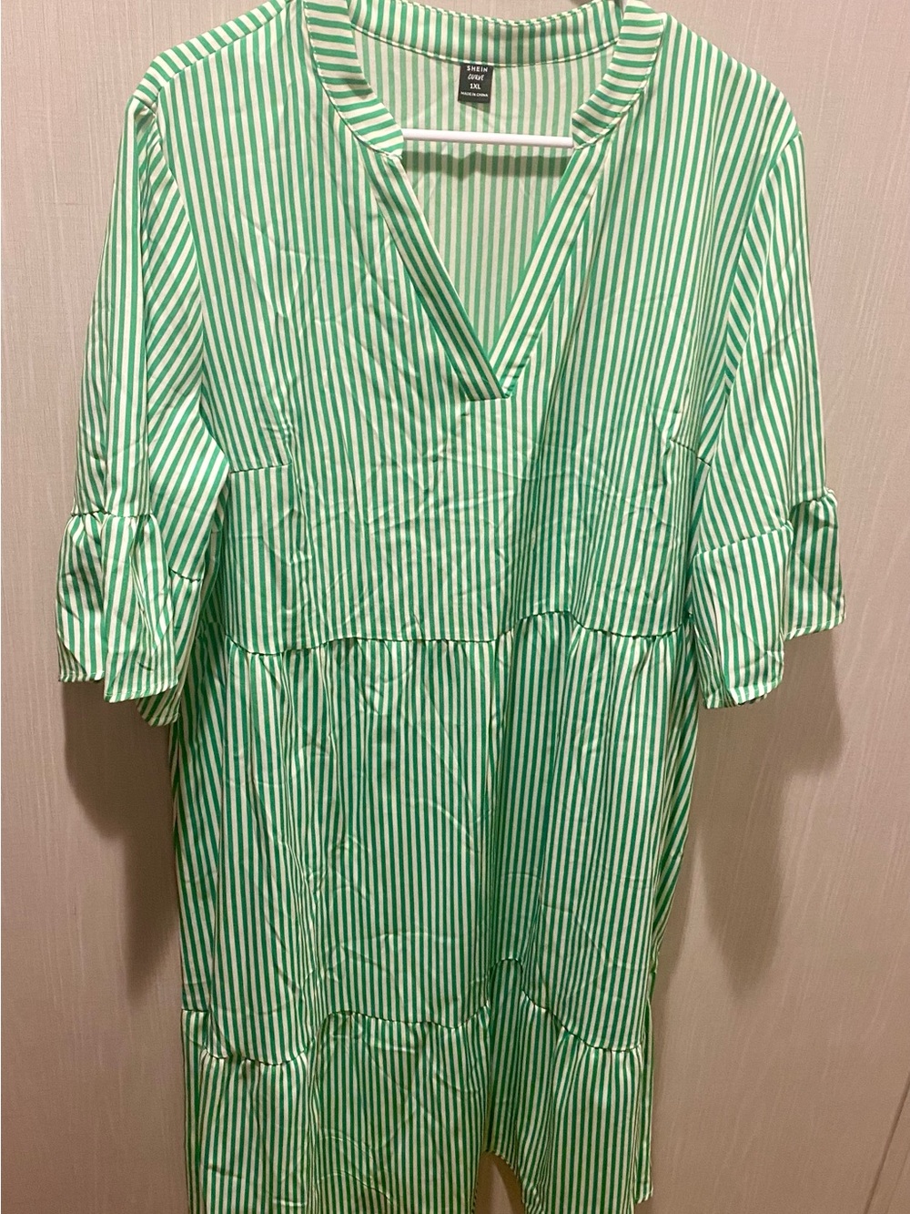 SHEIN Green & White Striped V-Neck Top